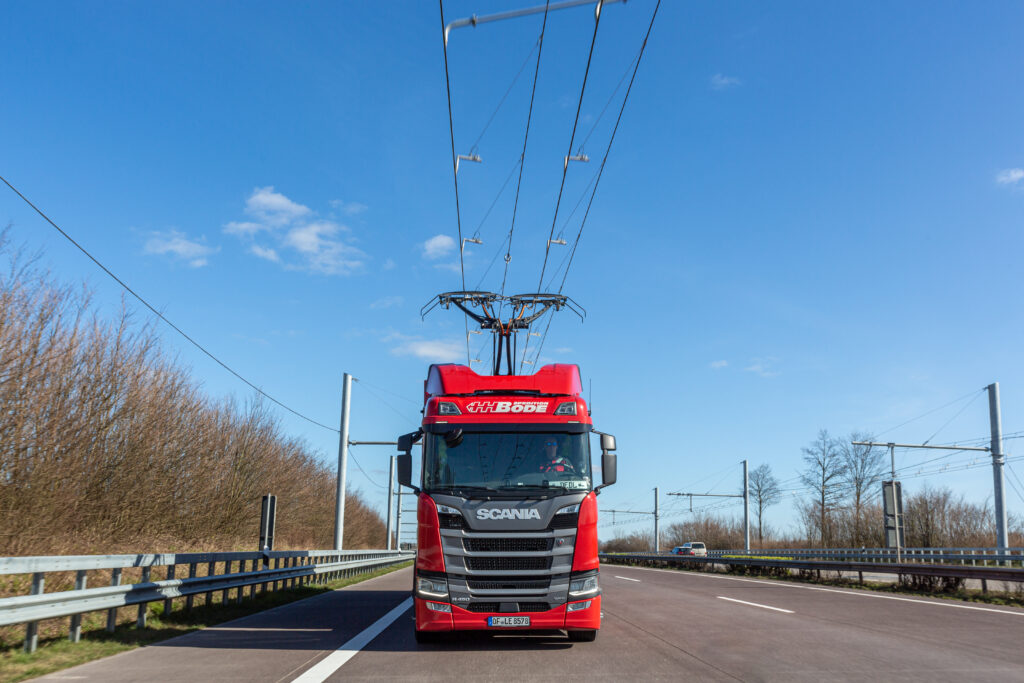 A truck with a current collector on an electrified highway