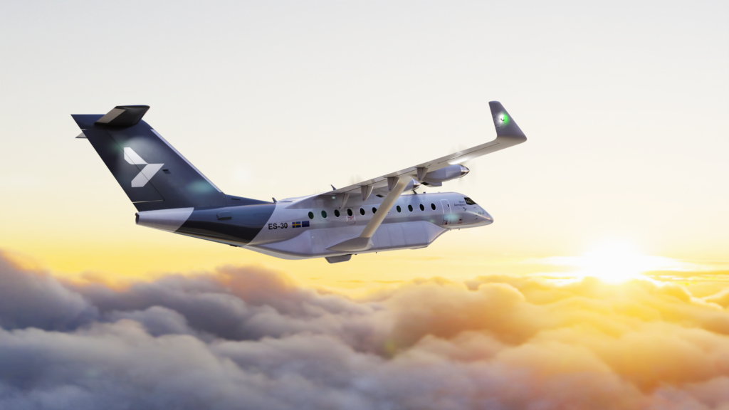 Rendering of Heart Aerospace's ES-30 electric aircraft in flight