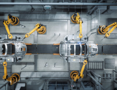 Cohesive | Aerial Car Factory 3D Concept: Automated Robot Arm Assembly Line