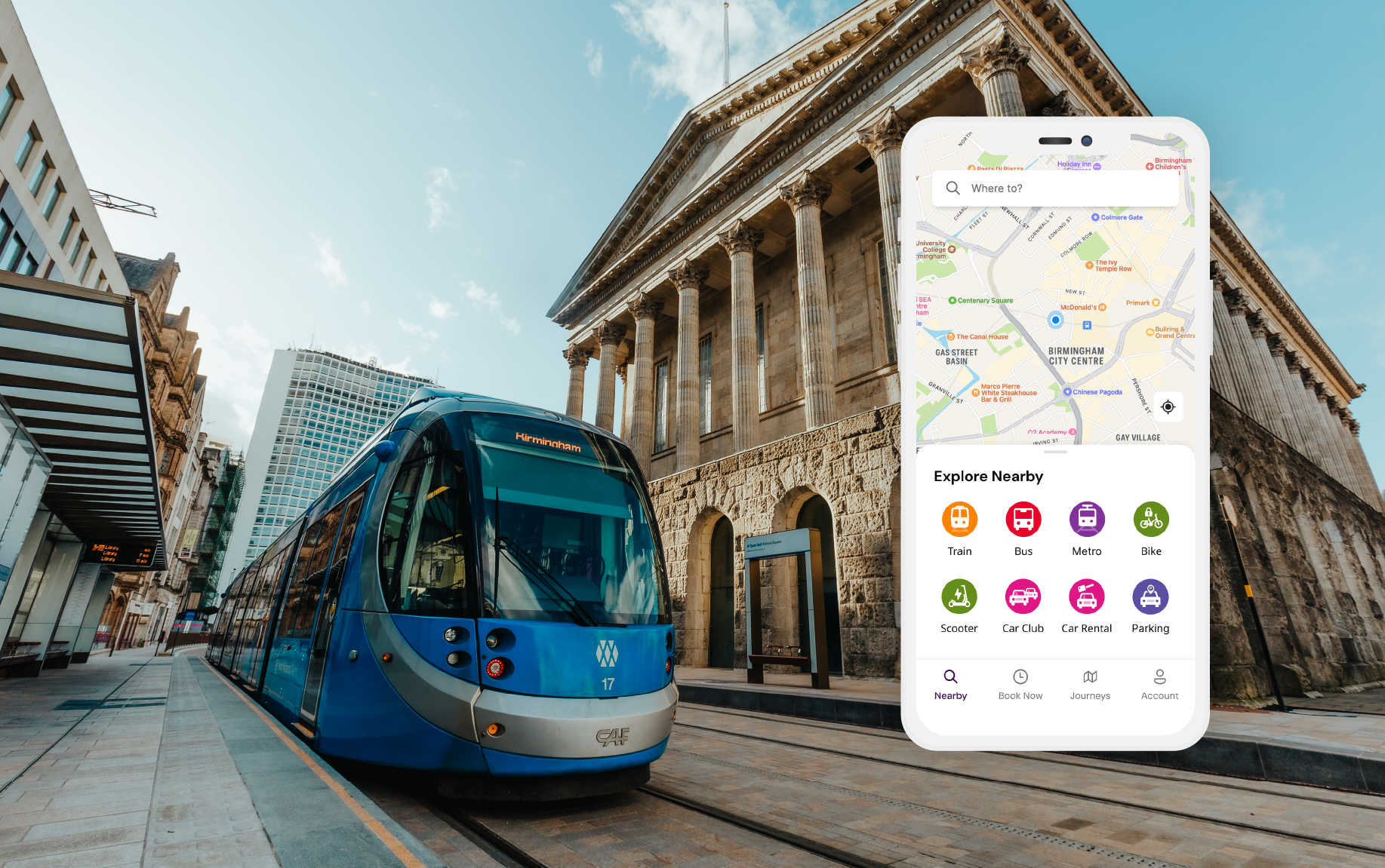 The new TfWM travel app pictured alongside the Birmingham Town Hall tram stop