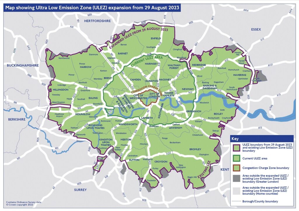 An image showing the map of London's new and expanded Ultra Low Emmision Zone