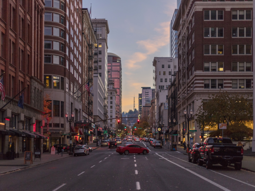 A city road in Portland at dusk