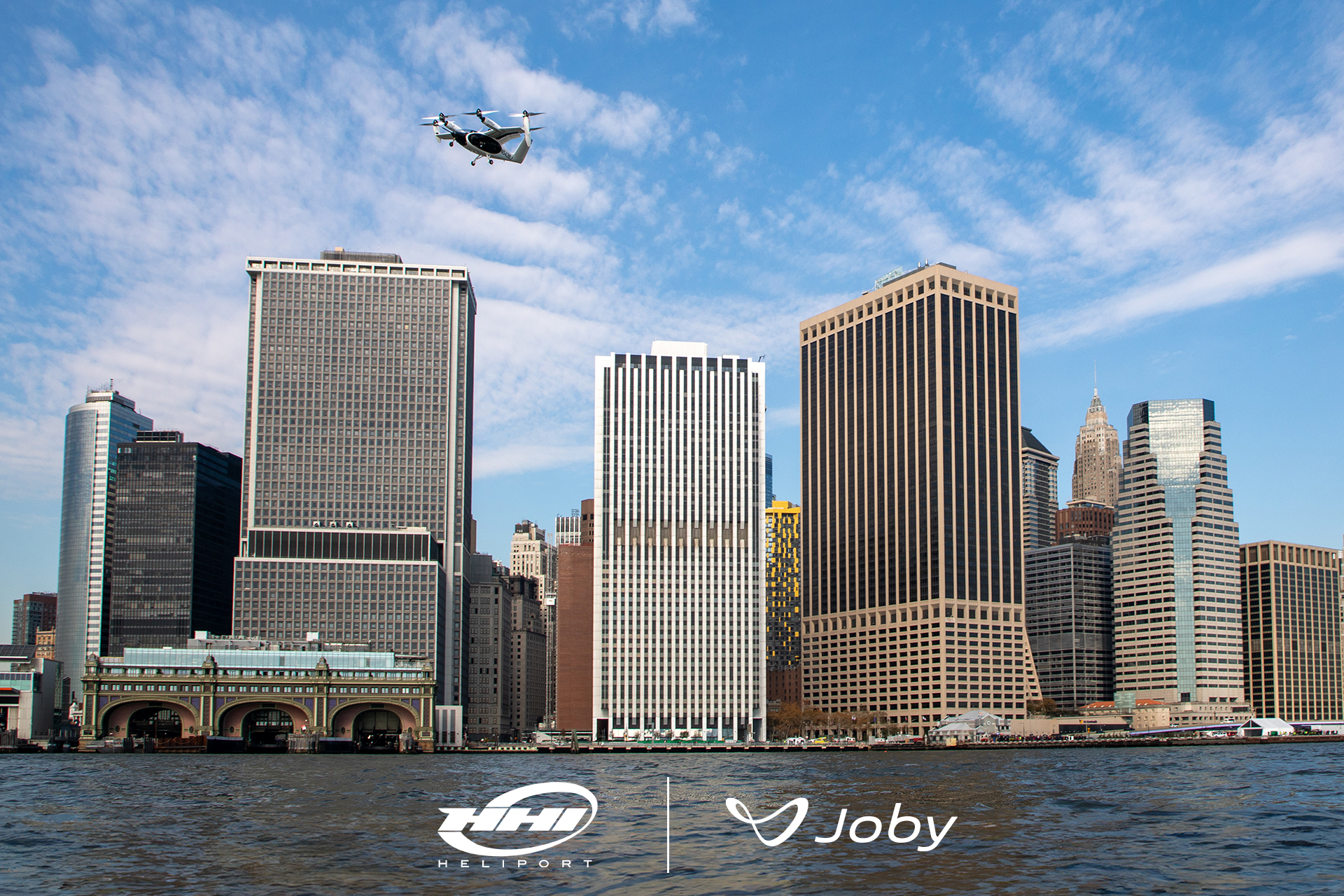 Joby's all-electric aircraft in flight above New York City in November 2023