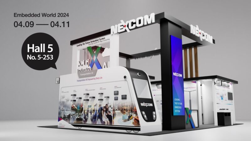 The NEXCOM stand against a grey background