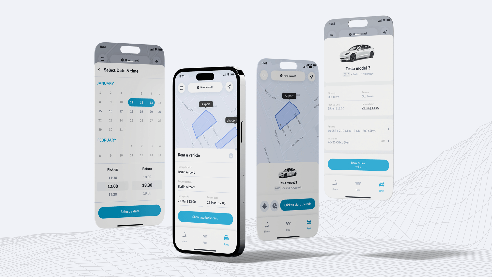 Phone screens showing a car sharing app