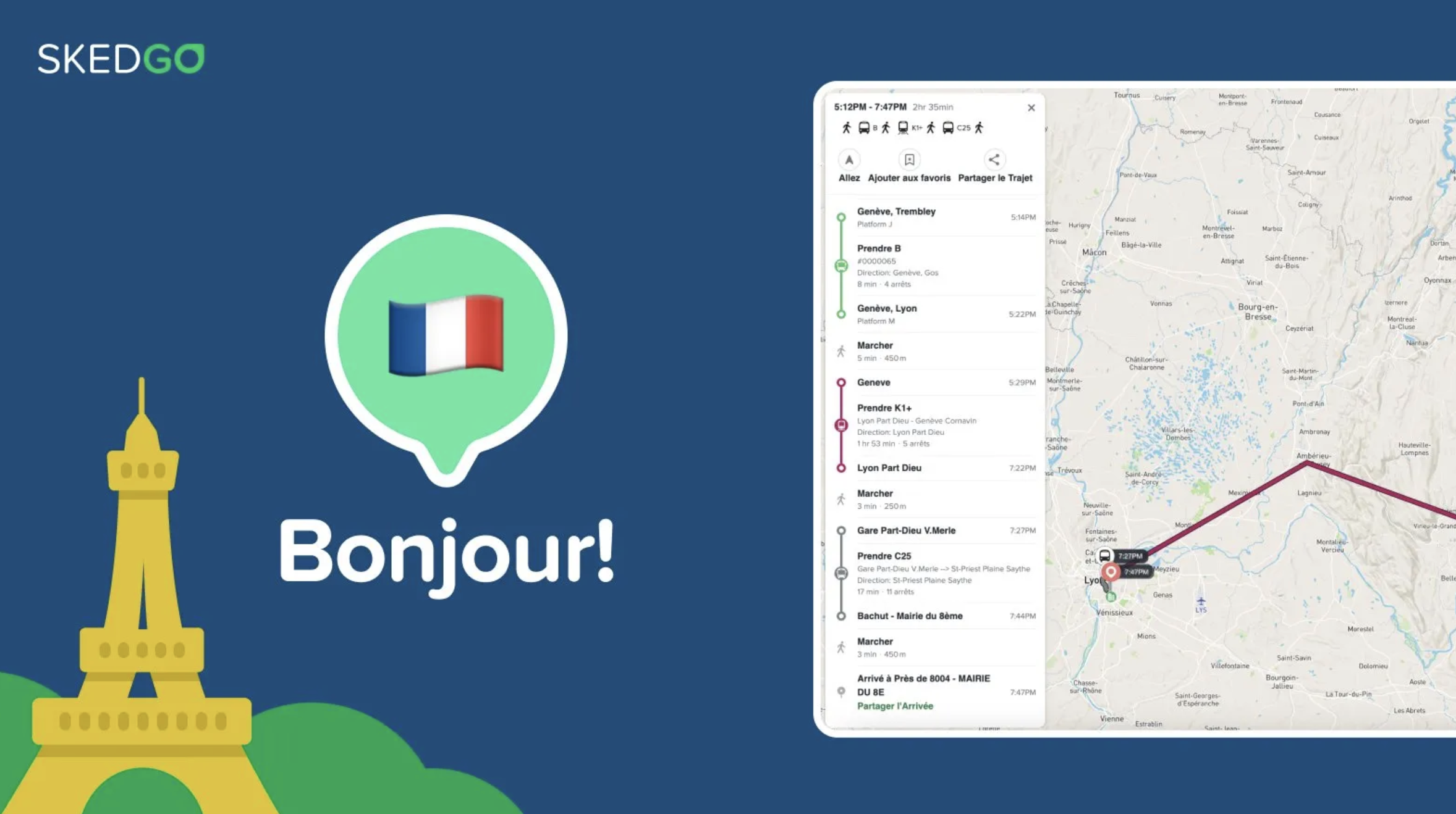 Graphic of a Mobility-as-a-Service app travel map, with the wording 'Bonjour!'
