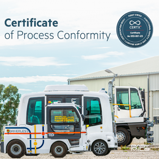Certificate of process conformity for EasyMile, with a photo of an autonomous shuttle
