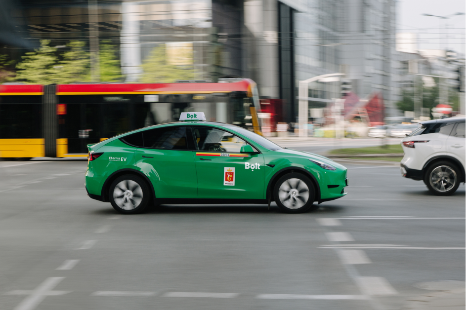 An electric ride-hailing vehicle in Warsaw