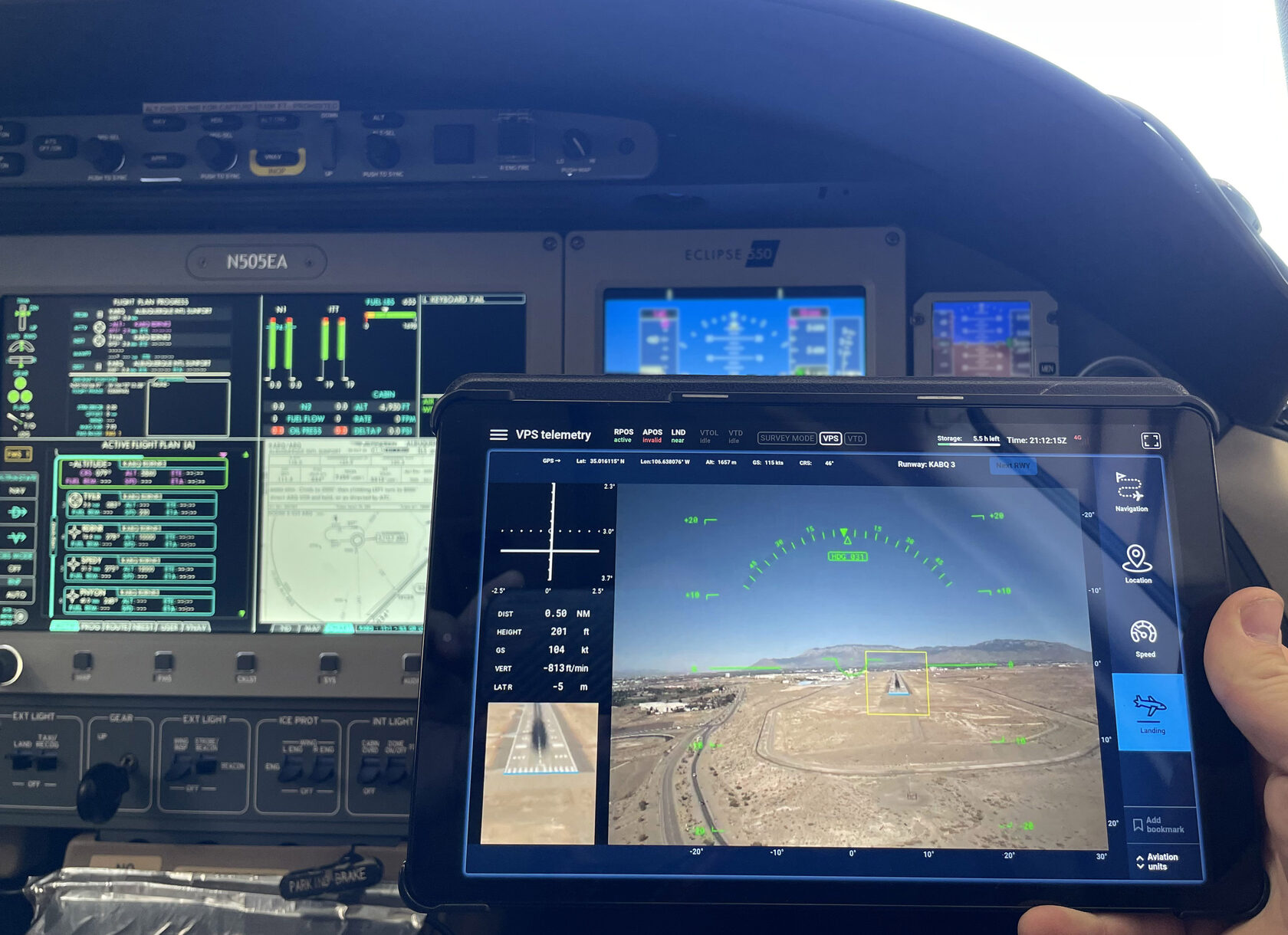 Daedalean’s landing guidance testing interface on the screen of a tablet at the cockpit of Eclipse’s jet