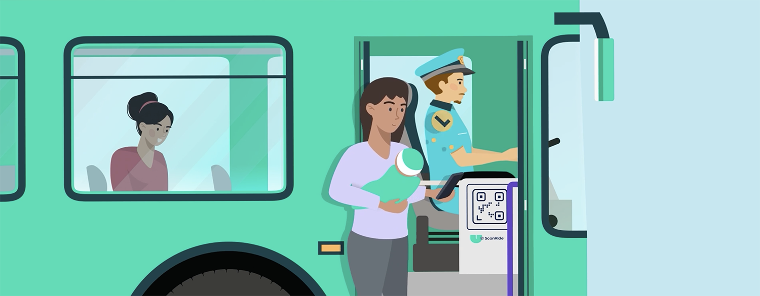 Cartoon graphic of a woman holding a baby, using the ScanRide app before getting onto a bus