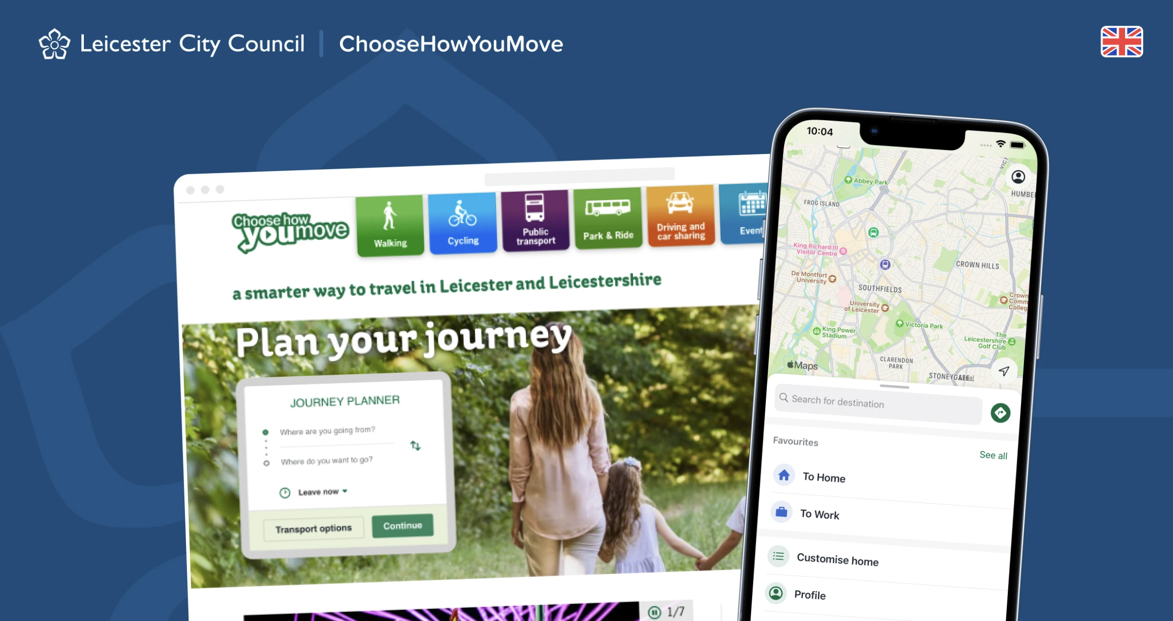 Graphic of two screens (one laptop and one phone) showing journey planning software