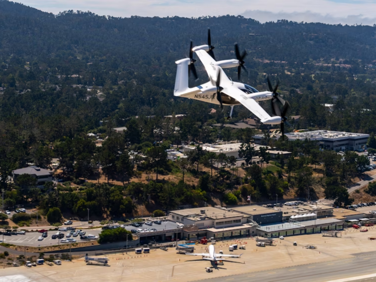 Joby Aviation's eVTOL aircraft mid-flight above California