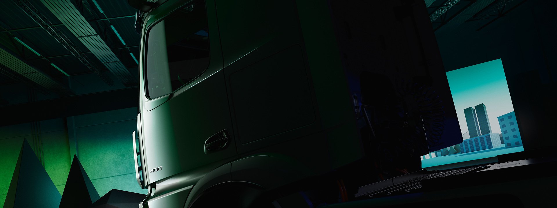 A dark close up of a Mercedes-Benz Truck