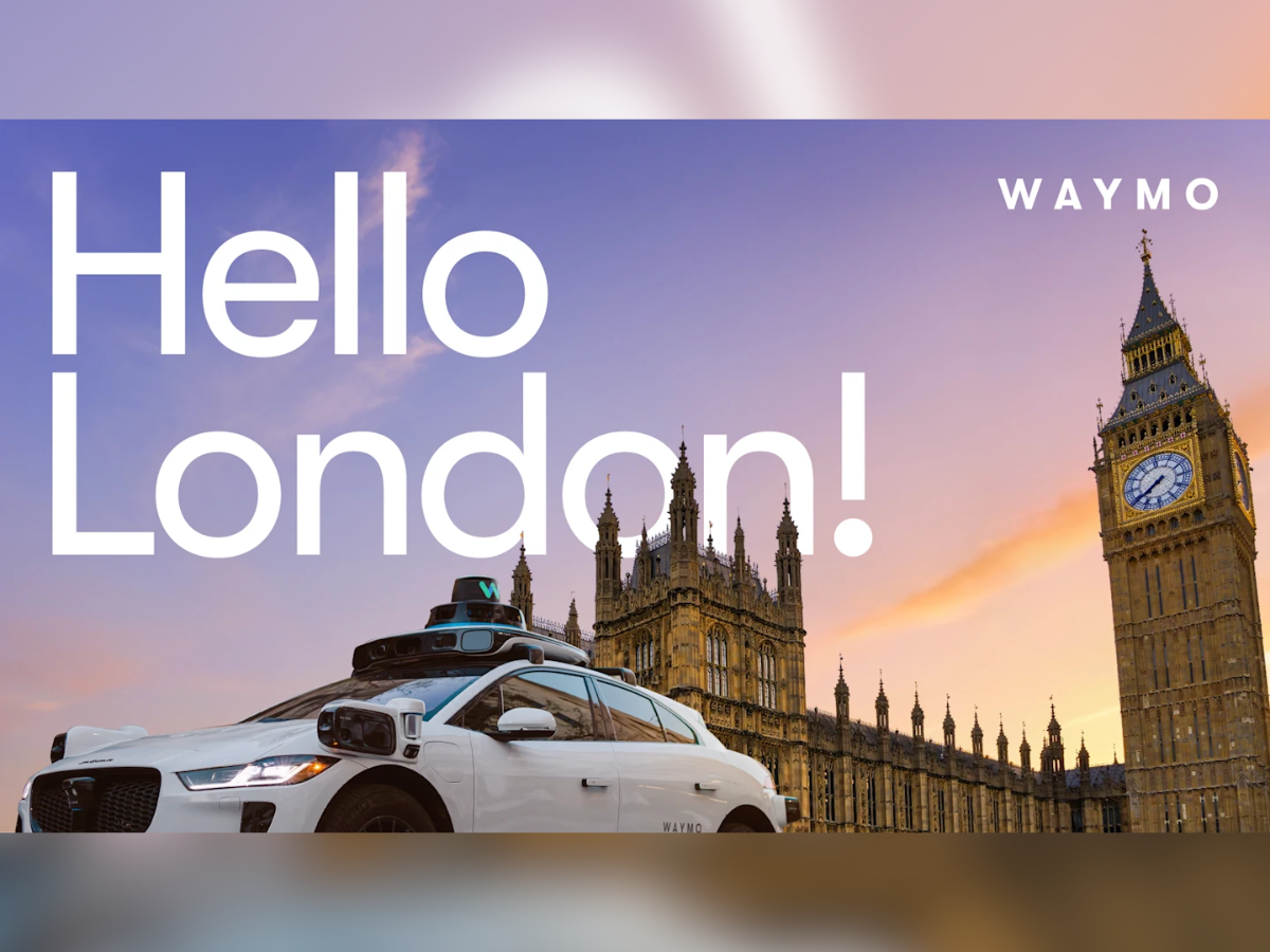 An image of a Waymo car against a London backdrop