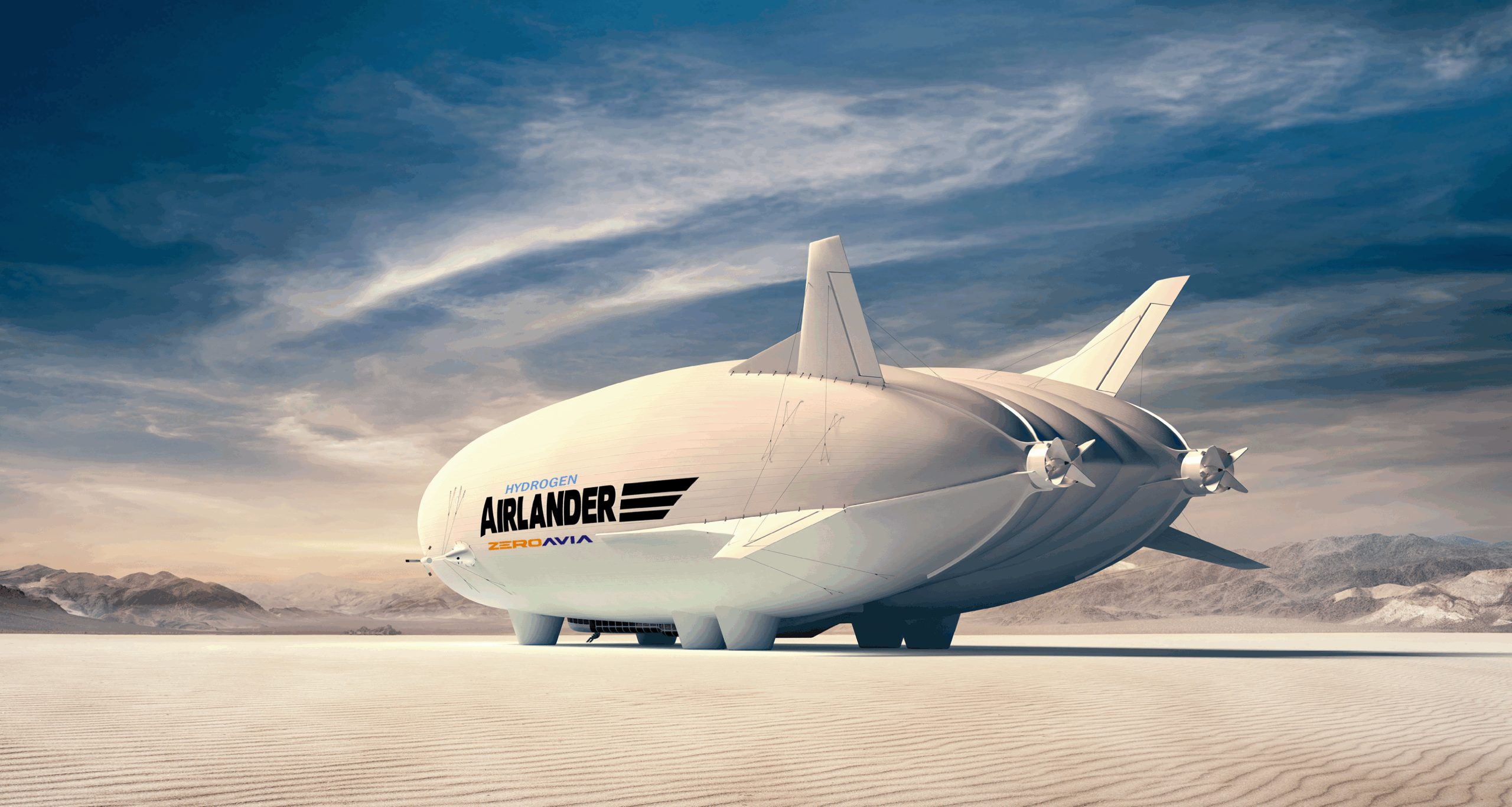 An airship emblazened with the ZeroAvia and Hybrid Air Vehicles logos