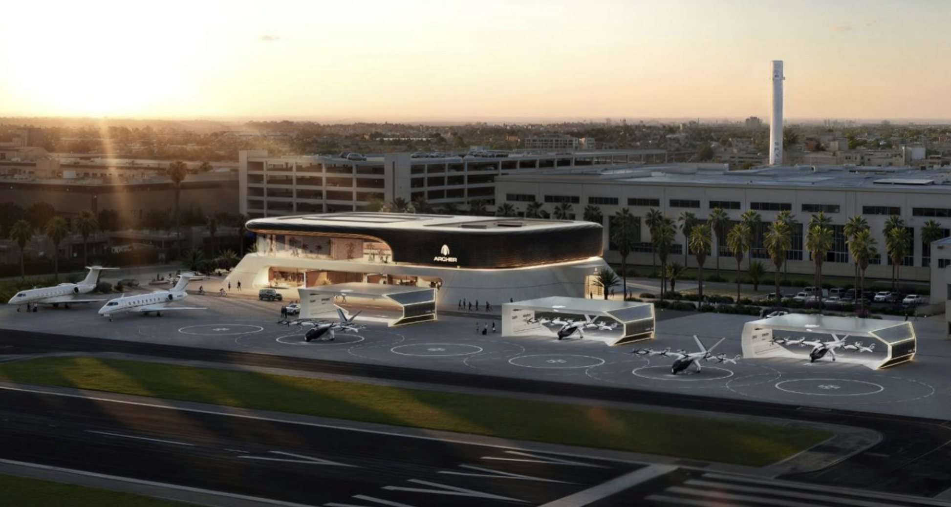 An artist rendering of Archer's new aviation hub at Hawthorne Airport