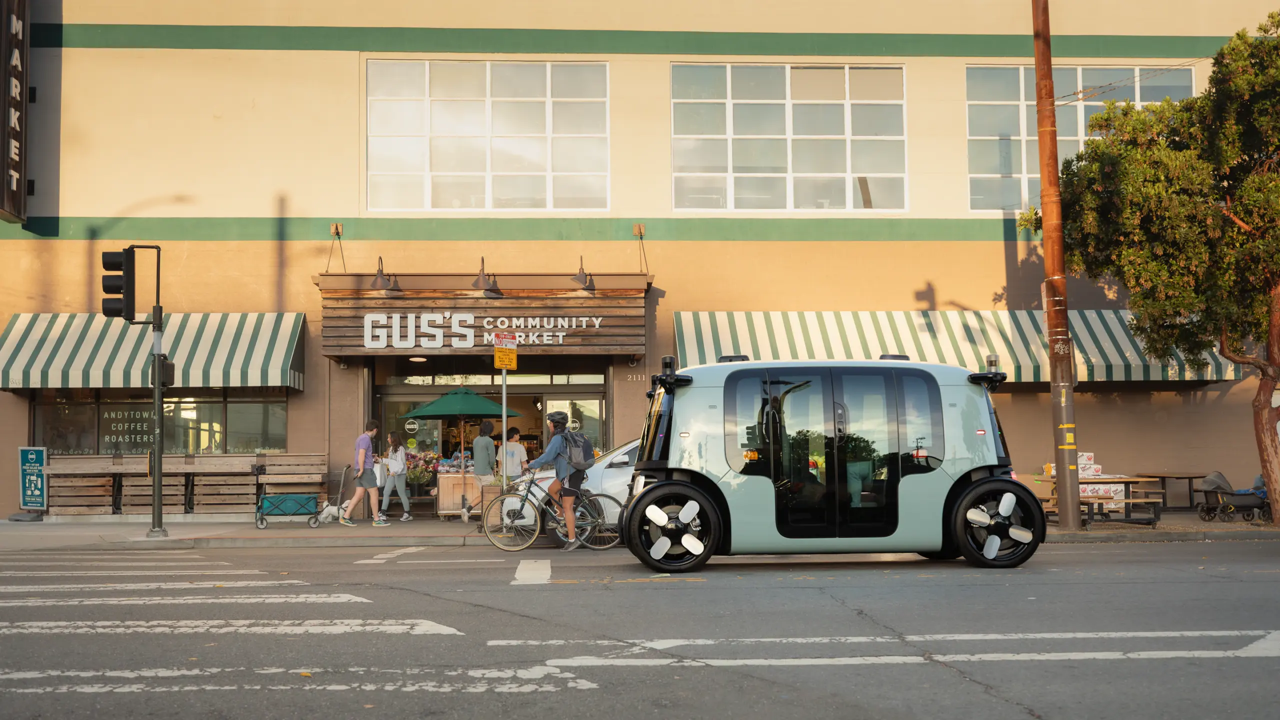 A Zoox car on a main street