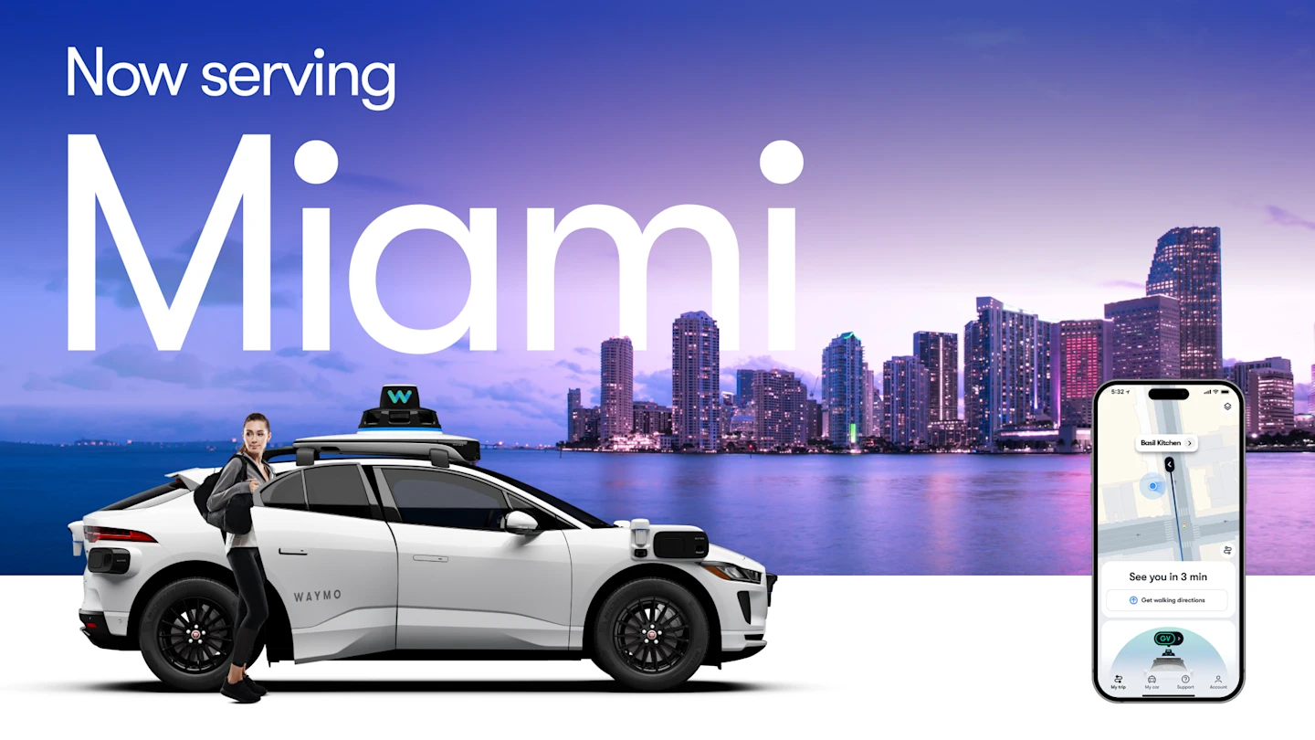 A graphic indicating Waymo has begun service in Miami