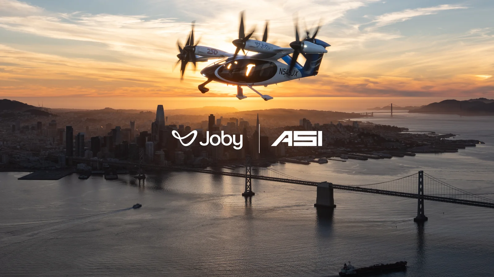 An advert with both compay names and an eVTOL over a river