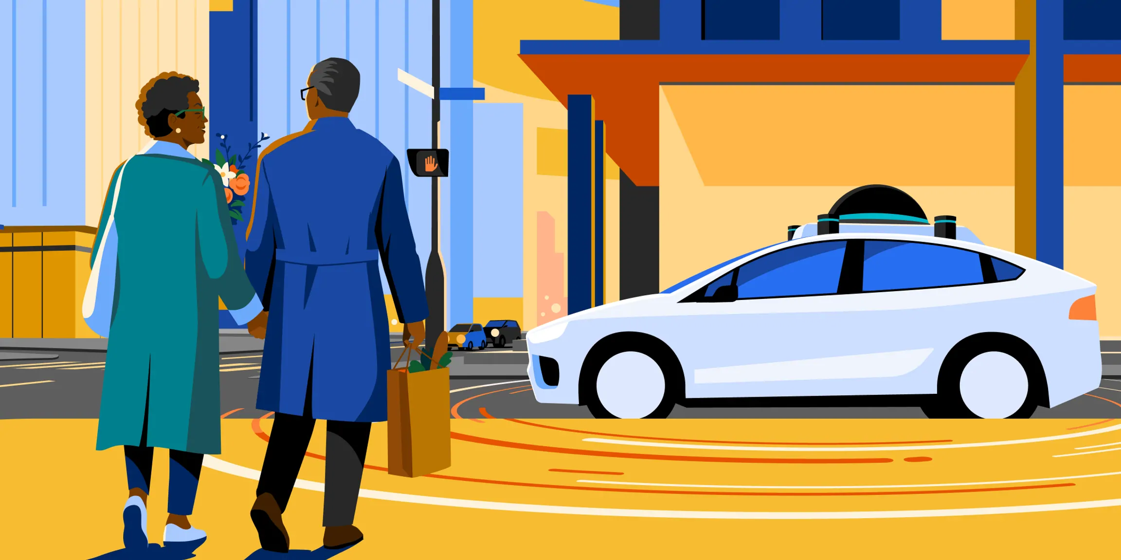 A graphic depicting two people walking to an autonomous taxi