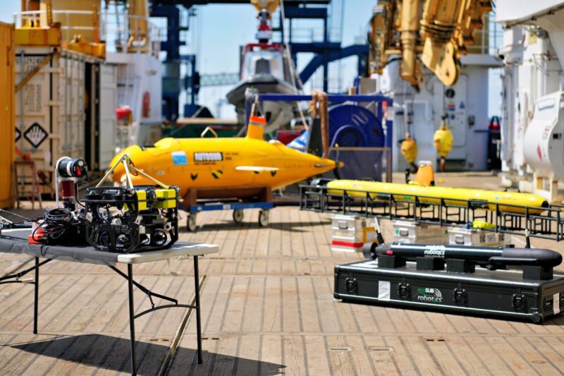 From L to R: Meltstake, Autosub Long Range, DriX, Gavia and EcoSub on the aft deck of RRS Sir David Attenborough