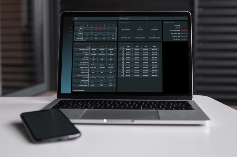 Screenshot of Q-Free's Dynamic Metering software interface displayed on a laptop