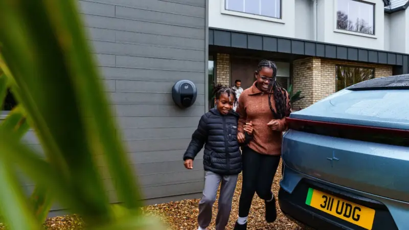 Pod home EV charger installed outside a UK home, part of the EVA England charging partnership