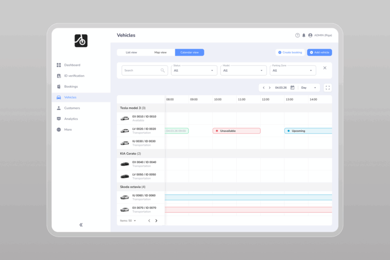 ATOM Mobility admin dashboard in Calendar view, showing an hourly timeline from 08:00 to 14:00 on 04.03.26. Vehicles are grouped by model: Tesla Model 3, KIA Cerato and Skoda Octavia. One Tesla has a red “Unavailable” block from 10:00 to 12:00 and a blue “Upcoming” booking from 13:00.