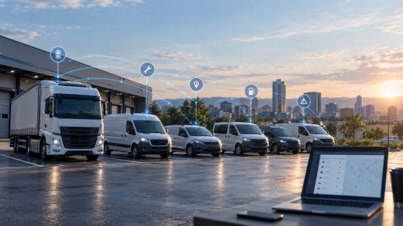Unbranded trucks and vans linked by blue data signals, illustrating mixed-fleet telematics and OEM vehicle data harmonisation
