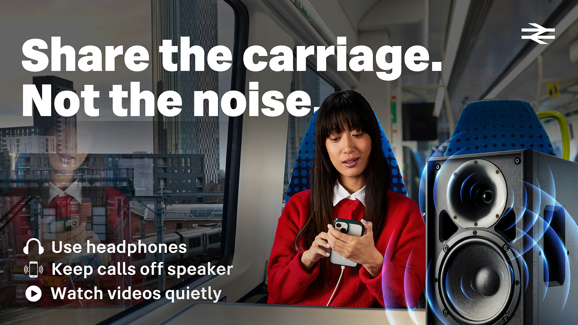 An advert showing a woman using her phone on a train, there is also a photoshopped speaker beside her implying she is being loud